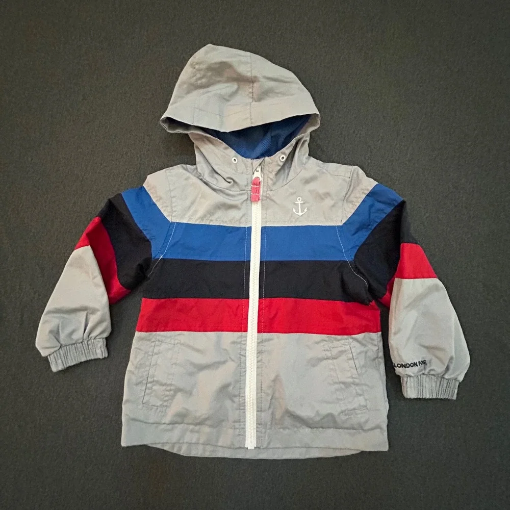 London Fog Toddler Boys 24M Hooded Windbreaker Jacket Gray Anchor Colorblock Zip